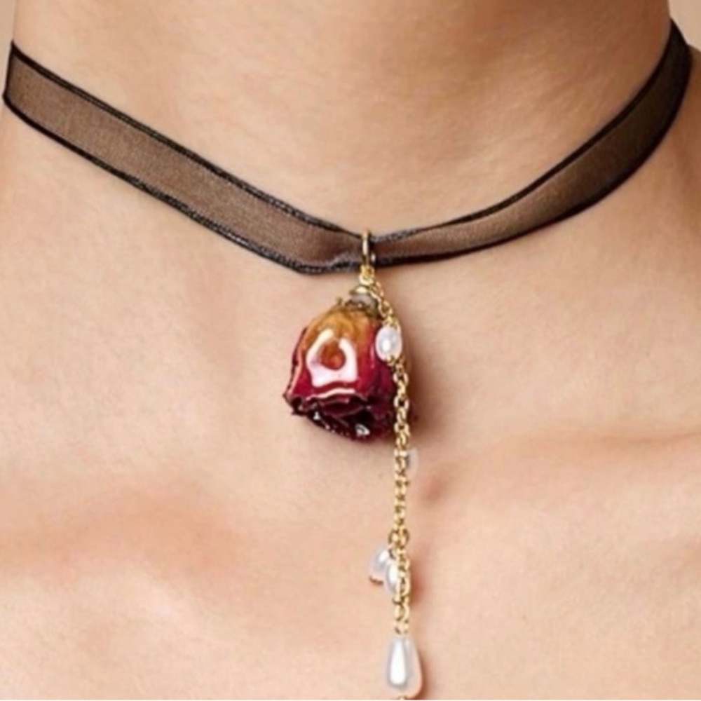 “Preserved Rose” Dried Rosebud Floral Flower Pearl Sheer Lace Ribbon Bib Choker